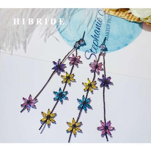 HIBRIDE Luxury Flower Design Long Drop Drop Earring Black Gun Color AAA CZ Brincos Jewelry Party Gifts Wholesale Price E-946