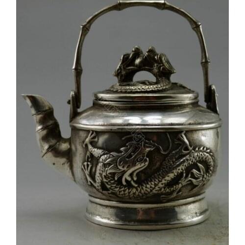 Exquisite Chinese Old Handwork Tibetan silver Dragon Bamboo Auspicious Teapot