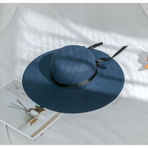 Summer Beach European-American Style Large-Brimmed Bow Ribbon Lady Straw Hat Travel Holiday Foldable Womens Beach Hat