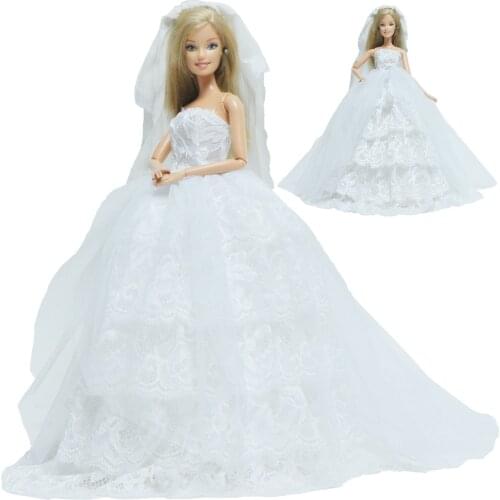 Handmade Fashion Doll Dress for Barbie Doll Bride Wedding Party Wear Long Gown + Lace Veil Clothes Accessories Kids Toy