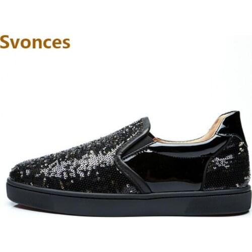 Fashion Men Casual Shoes Bling Shinny Black Slip-on Low Heels Design Shoes Comfortable Loafers Man Flats Brand Zapatillas Hombre