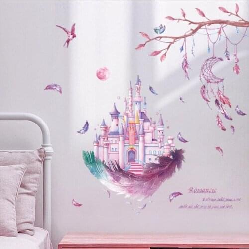 Cartoon Pink Tree Dream Castle Wall Stickers Girls Baby Bedroom Decoration Decals Self Adhesive Home Decor