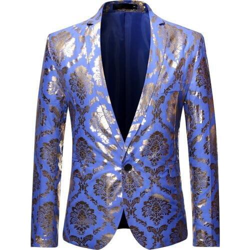 Men' Blazer Royal Blue Tuxedo Blazer Jacket Men Stylish Gold Print Mens Dress Blazers Slim Fit Party Dinner Blazer Masculino