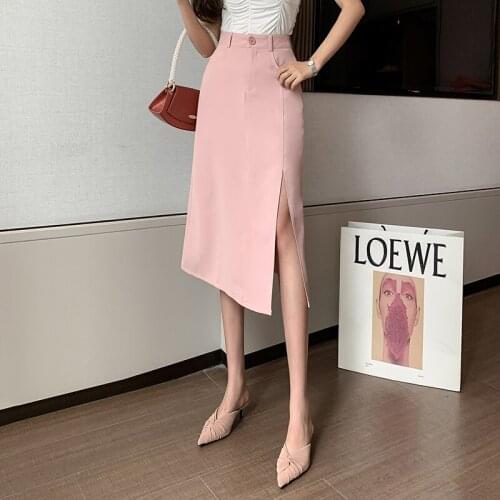Spring summer New Hong Kong Style Split fork Skirt Womens Mid-Length High Waist Slimming Skirt