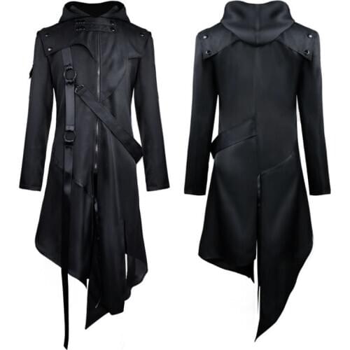 New Black Retro Coat Trench Coat COS Halloween Punk Men Game Show Cool Party Performance Prop Costume Hooded Jacket