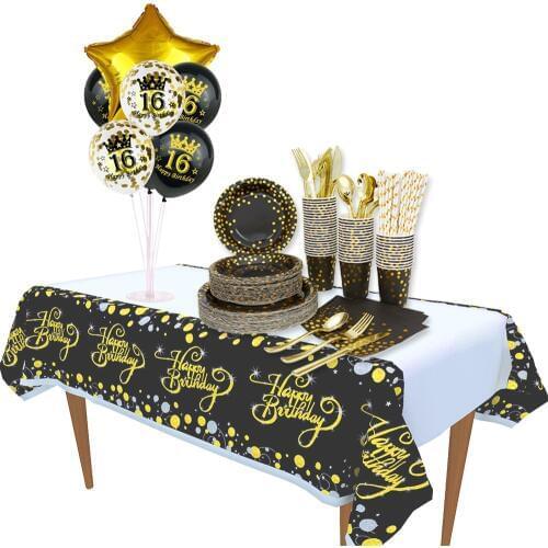 Black Gold 16 Birthday Party Background Decor 18 20 21years 30..90th Birthday Balloon Stand And Tablecloth Disposable Tableware