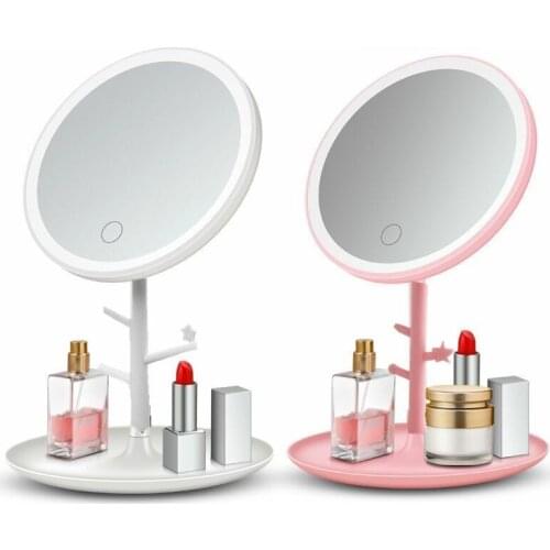 Portable Travel Cosmetic Light Up Mirrors Touch Switch LED Makeup Mirror For Home Tabletop Bathroom With Storage Tray USB charg