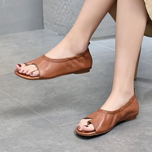 2021 Summer New Casual Sandals Flat-Heeled Leather Womens Shoes Retro Genuine Leather Sandals Soft-Soled Shoes Platform