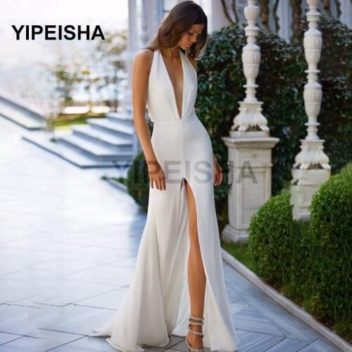 Sexy Deep V-Neck Backless Evening Dress Front High Split Floor Length Simple Prom Party Gown vestidos de fiesta robes de soirée