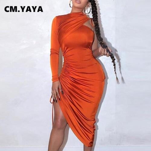 CM.YAYA One Shoulder Tie Up Ruched Irregular Midi Bodycon Dress for Women Sexy Club Party Nightwear Long Sleeve Dresses