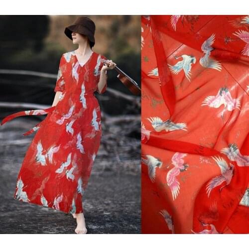 Telas Red-crowned Crane Yarn Printed Tissu Thin Elegant Sericiculture 100% Pure Silk Chiffon Fabric Clothes Skirt Silk Fabric