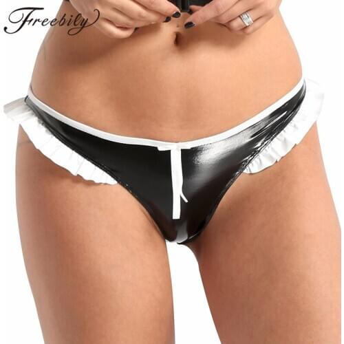Sexy Panties for Womens Lingerie Female Underpants Wet Look Faux Leather Ruffled Lace Low Rise Bikini Briefs Ladies Underwear