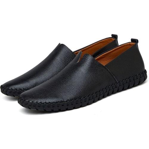 Big Size Men Genuine Leather Soft Shoes Slip on Black Hole Shoes Shoes Real Leather Breathable Loafers Mens Casual British Style
