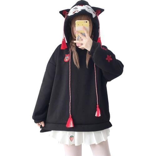 Japanese Cute Street Fashion Women Hoodies Harajuku Kawaii Fox Ear Hooded Sweatshirt Sakura Embroidery Plus Velvet Pullover Tops