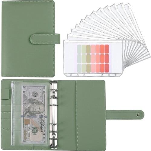 A6 PU Leather Notebook Binder Folder Planner Personal Budget Cash Envelopes System with 12 Binder Zipper Pockets,Label Stickers