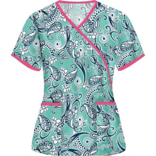 Women Short Sleeve V-neck Tops Print Working Uniform 2021 Summer Care Workers T-shirt Casual Working Uniform Tops Enfermera