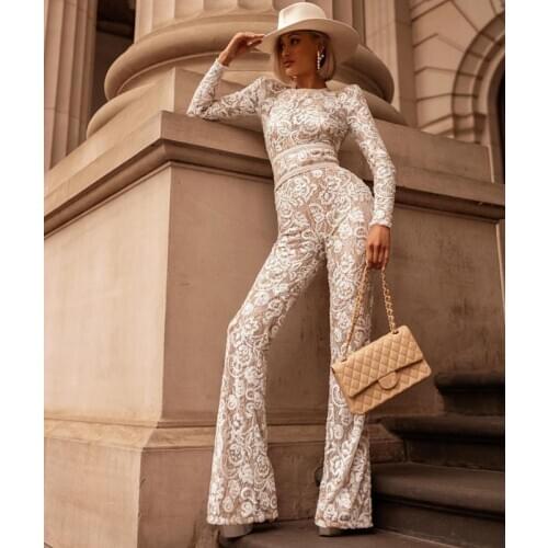 High Street Women Sexy Long Sleeve White Red Glitter Sequins Bodycon Bandage Jumpsuit 2021 Celebrity Designer Ladies Rompers
