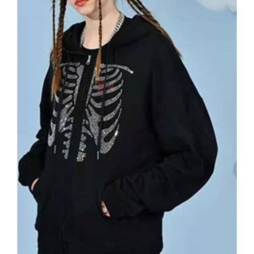 Y2K Aesthetic Diamonds Skull Print Sweatshirts Gothic Vintage Oversized Hoodies Long Sleeve Coat 90s Women Jacket Grunge Clothes