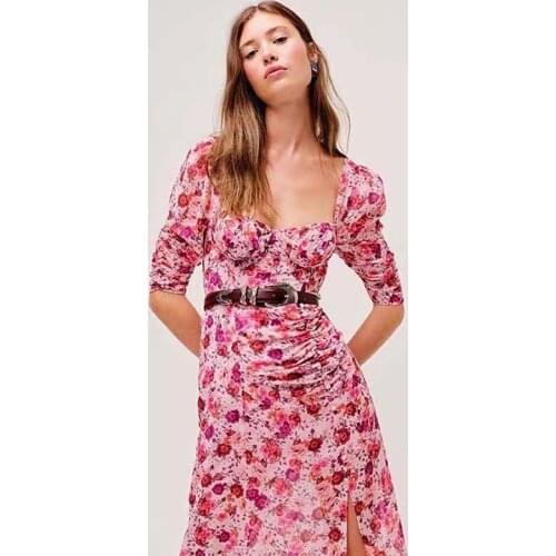 New Floral Print Women Ankle-Length Dress Elegant Sexy Split Dresses With Belt 3288