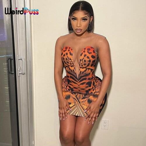 Weird Puss Mesh Leopard Patchwork Dress Deep V-Neck Women Sexy Skinny Sleeveless Bodycon Party Clubwear Summer Soft Clothing