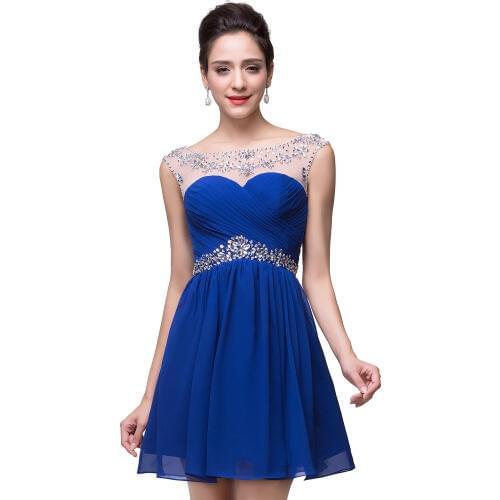 In Stock Open Back Chiffon Short Evening Dress Beaded Crystal Party Formal Dress Royal Blue White Yellow Pleated Fold Prom Gown