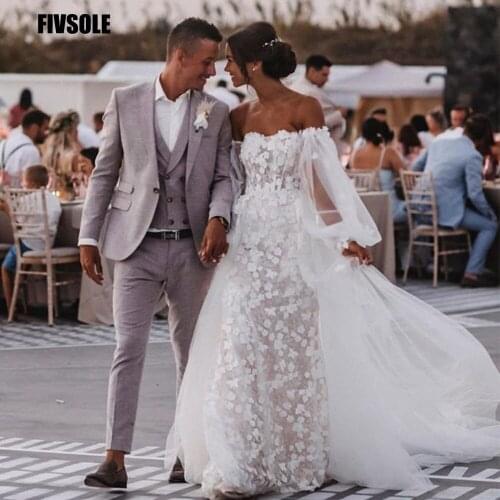 Fivsole A-line Strapless Wedding Dress 2021 Puff Sleeves 3D Appliques Vestidos De Novia Detachable Court Train Robe De Mariée