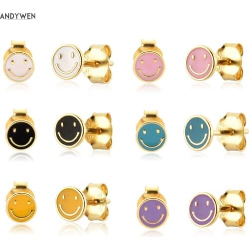 ANDYWEN 925 Sterling Silver Gold Colorful Enamel Happy Face Smiley Tiny Stud Earring Piercing Wedding Luxury Jewelry For Women