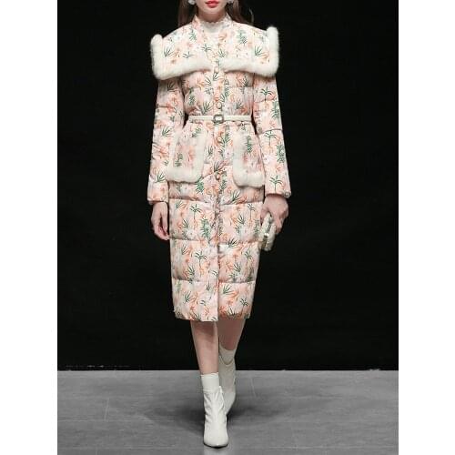 Winter White Duck Down Jacket New Real Rabbit Fur Rim Navy Wind Style Collar Thick Warm Women Down Coat Floral Print Padded Coat