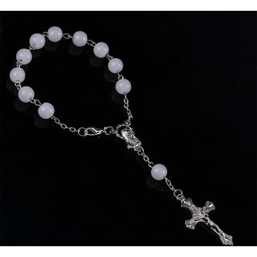 48 Pieces / Catholic 8mm Crystal Pearl Rosary Cross Bracelet, Pearl Crystal Rosary Cross Bracelet, Virgin Mary Center Bracelet