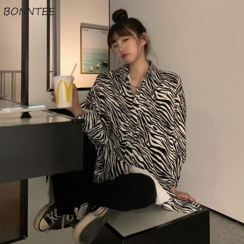 Blouses Women Zebra-print Ins Loose Harajuku College Single Breasted Simple Outerwear Ulzzang Unisex Tops for Lady Daily Newest