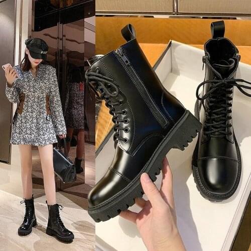 Fashion Shoes Woman Genuine Leather Lace-Up Thick Mid-Calf Boots Round Toe Shoes Winter Female Buckle Fashion Warm Boots
