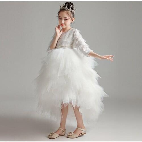 Flower Girl Dresses Three Quarter Sequined Embroidery O-Neck Pearls Princess Knee-Length Tulle Beading Lace Kids Party Gown H293