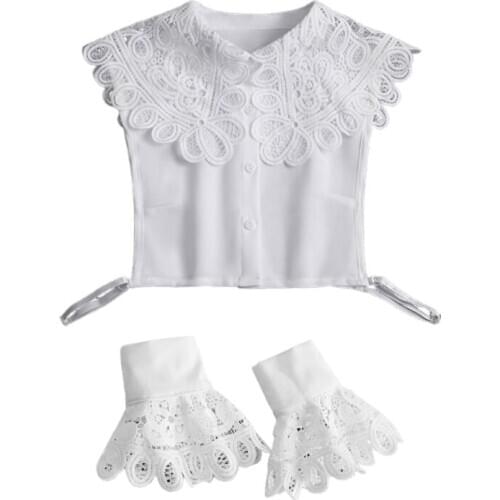 Women 2Pcs Large Lapel False Collar with Fake Sleeve Wristband Set Hollow Out Lace Detachable Half Shirt Horn Cuffs