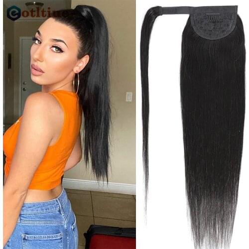 Eotltiue Wrap Around Long Straight Ponytail Human Hair Extensions Malaysia Hair 8-26 Inches Natural Black Color 100% Real Hair