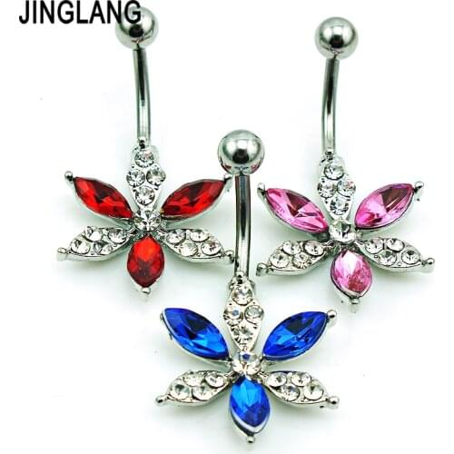 JINGLANG New Belly Button Rings Stainless Steel Barbells White Rhinestone Crystal Flower Navel Rings For Women Piercing Jewelry