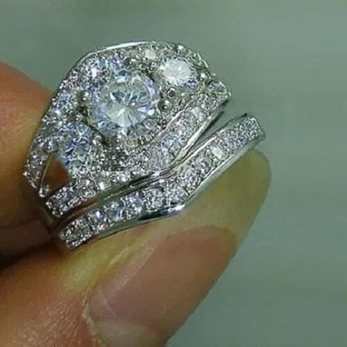 Huitan Creative Paired Rings for Women 2Pcs Bridal Sets Wedding Engagement Party Ring with Brilliant CZ Stone Statement Jewelry