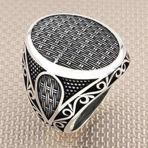 Round Sterling Silver Ring Handmade Vintage Patterned Silver Ring For Men Made in Turkey