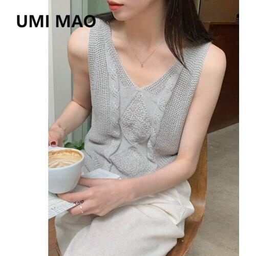 UMI MAO 2021 Summer New Knitted Vest Loose Thin V-neck Sleeveless Outer Wear Bottoming Coat Women Y2k Top Harajuku Clothes