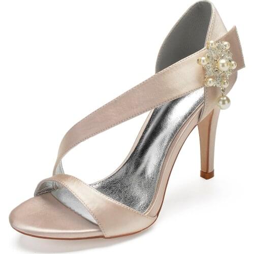 Sweet lady satin evening dress high heels with pearls brooch bridal wedding party prom sandals stiletto strappy shoes lots color