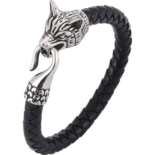 Punk Men Jewelry Black/Brown Braided Leather Bracelets Wolf Head Stainless Steel Buckle Bracelet Male Wrist Band Hot Style Gifts