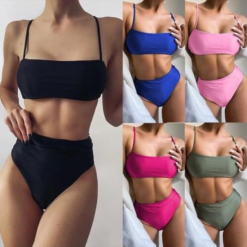 Solid High Waist Bikini Sexy Tube Top Swimsuit Brazilian Bikini Set Women Vintage Swimwear Swimsuit Beach Biquini Bathing Suits