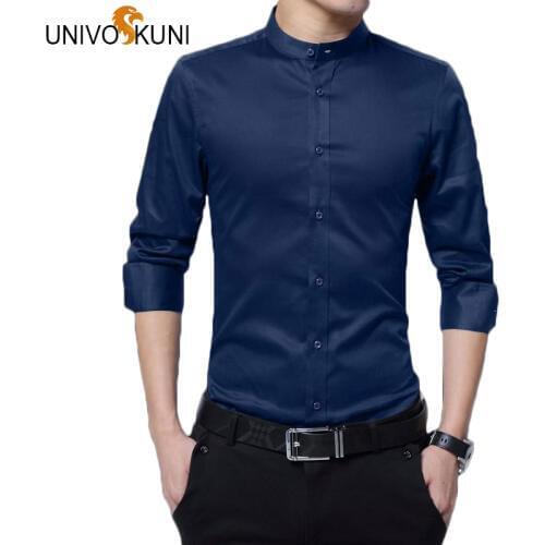 UNIVOS KUNI M-5XL Men Solid Shirts New Male Dress Stand Collar Shirt Mens Slim Fit Social Shirts Long Sleeveed Camises Q5165