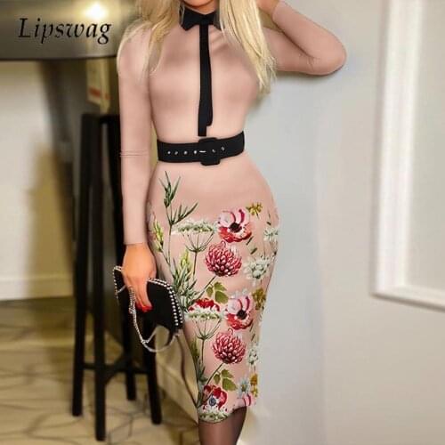 Autumn Winter Casual Commute Bodycon Dress Fashion Houndstooth Floral Print Party Dress Lady Elegant Slim Lapel Belt Women Dress