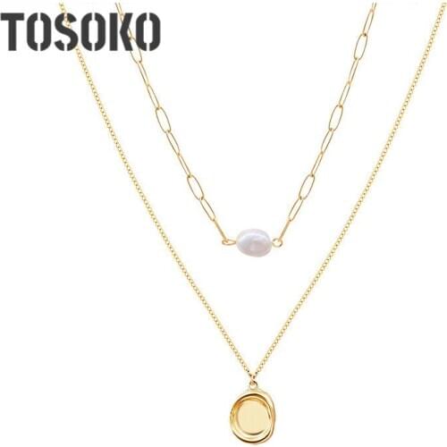 TOSOKO Stainless Steel Jewelry Concavoconvex Pendant Double Layered Freshwater Pearl Necklace Fashion Clavicle Chain BSP831