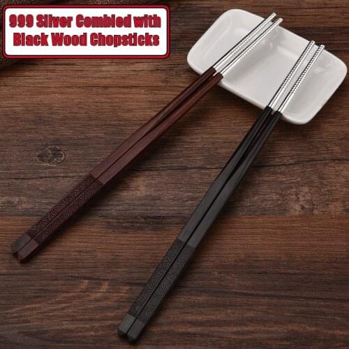 1Pair 999 Pure Silver Chopsticks Wooden Sticks creative Silver Cutlery Wedding Gift Luxury Personal Chopstick Reusable