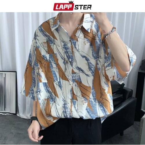 LAPPSTER Men Korean Streetwear Full Printed Shirts 2021 Spring Mens Half Sleeve Fashion Casual Harajuku Shirt Man Hip Hop Blouse