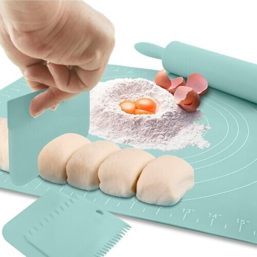 Silicone Baking Pastry Mat Rolling Pin Set with 3 Scrapers Measurement Fondant Mat Dough Rolling Mat Thick Nonstick for Cooking