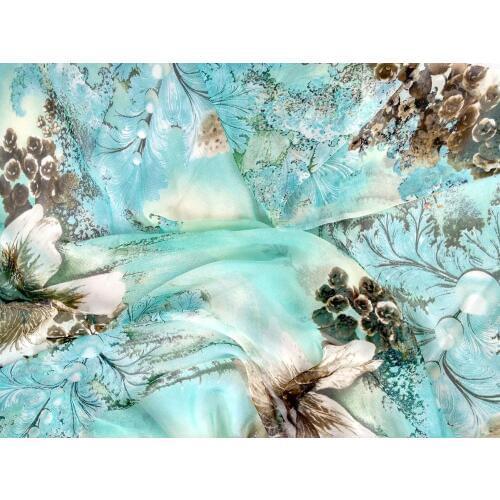 Telas Pure 100% Mulberry Silk Chiffon Fabric Sky Blue Flowers Print Silk Fabric Material Textile Women Dress Scarf Tissus Metre