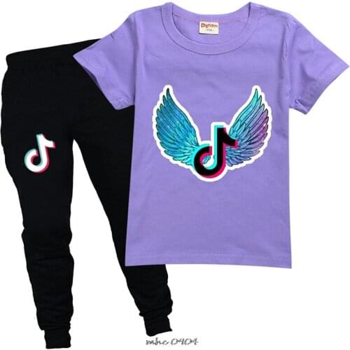 Tik Tok childrens clothing boys and girls print casual sports round neck short-sleeved T-shirt + fashion pants set