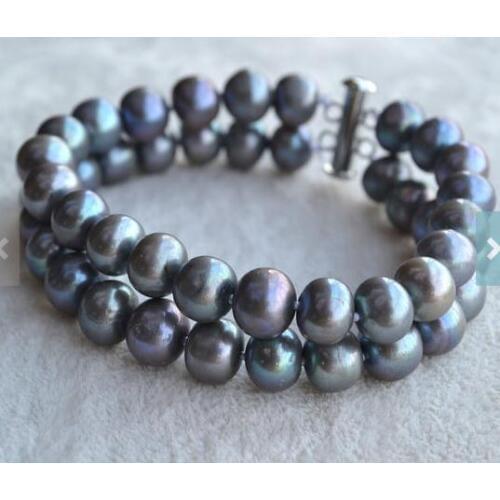 Unique Pearls jewellery Store Dark Gray Pearl Bracelet 2 rows 9mm Round Genuine Freshwater Pearl Bracelet Magnet Clasp Fine Jewe
